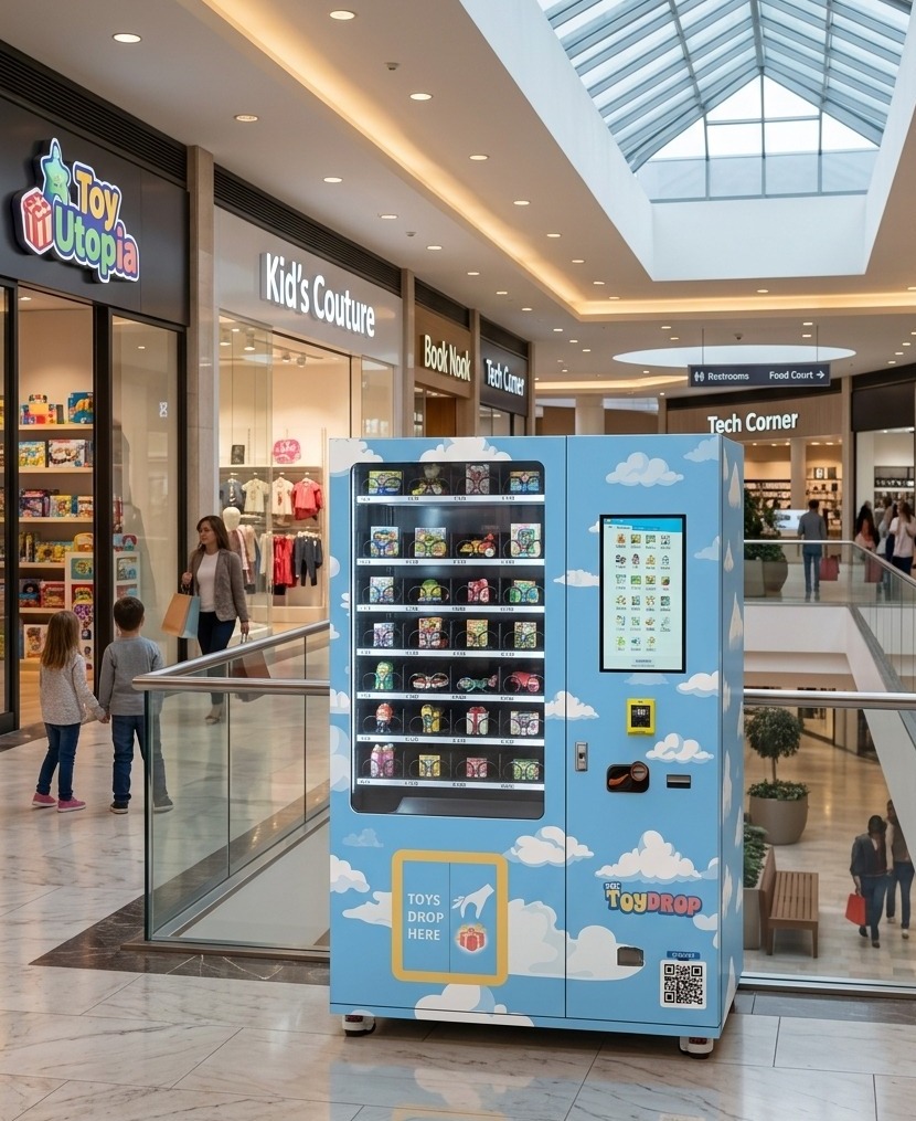 The Toy Drop vending machine, sky-cloud wrap design, in a mall corridor